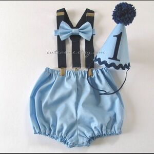 Blue Baby Outfit with Hat and Suspenders